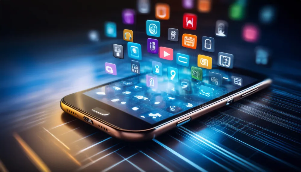 Futuristisches Smartphone mit vielen App-Icons – Symbol für App- und Softwarelösungen