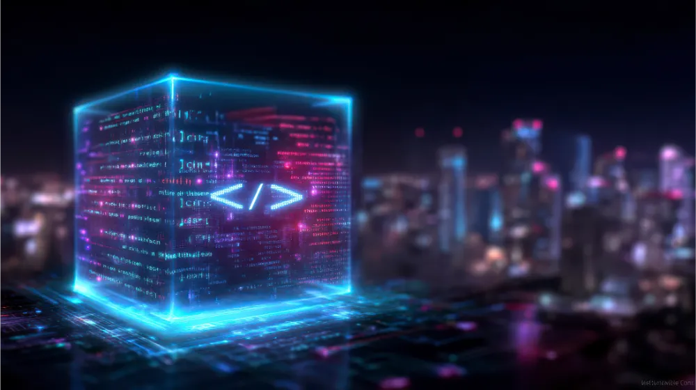 Futuristischer Cube mit Codezeilen vor unscharfer Stadt – Symbol für KI und Automatisierung